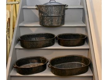 Collection Of Vintage Black Speckled Pots And Lobster Pot