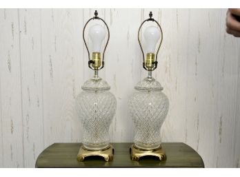 Pair Of Vintage Cut Glass Table Lamps Featuring Brass Feet