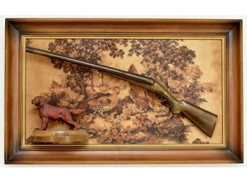 Unique Quail Hunting Framed Art Featuring Mounted Brass Shotgun 16 X 26