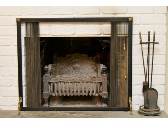Fabulous Lion Head Fireplace Grate And Items Screen Measures 38 X 31 1/2