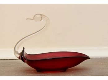 Vintage Ruby Red Blown Glass Swan Dish