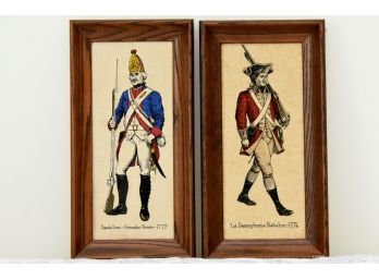 Pair Of Revolutionary War Themed Cloth Framed Pictures 8 1/2 X 17