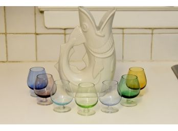 Lovely White Fish Ceramic Decanter With Seven Colored Drinking Glasses