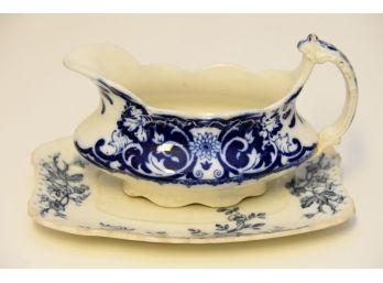 Antique Blue And White Gravy Boat And Under Tray