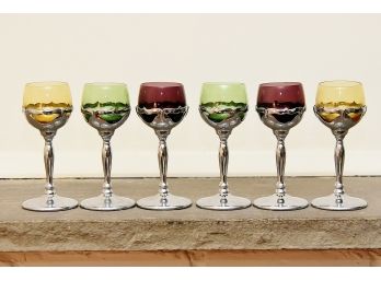6 Vintage Colored Glasses Chalice Glasses Featuring Chrome Base