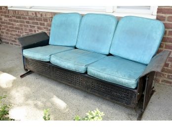 Vintage Metal Outdoor Glider With Blue Naugahyde Cushions