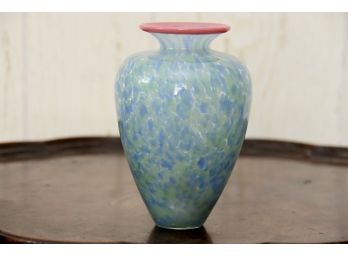 Gorgeous Art Glass Blue And Pink Rim Vase