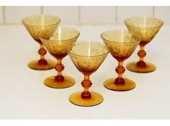 Collection Of Five Vintage Etched Amber Glasses