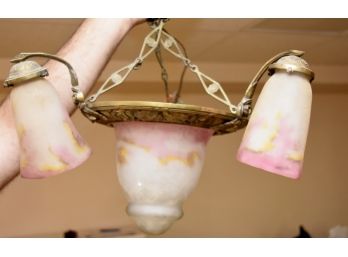 Amazing Antique Brass Three Light Art Glass Chandelier