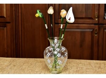 Glass Flowers And Painted Vase