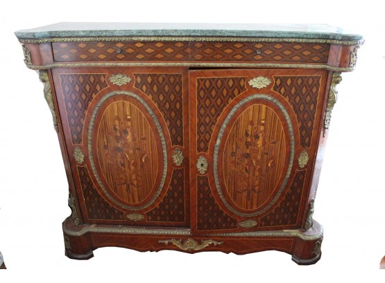 Incredible Marble Top With Brass Detail And Inlaid Bar Cabinet (Read)