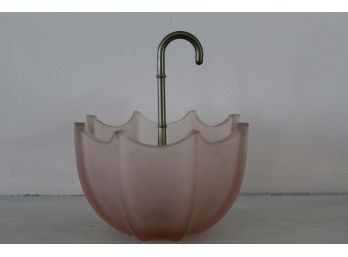 Vintage Fenton Frosted Pink Glass Umbrella Candy Dish With Brass Handle