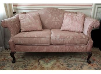 Formal Victorian Pink Floral Design Love Seat With Mahogany Feet # 1