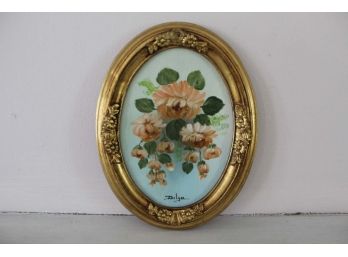 Oval Framed Flower Oil Painting Signed Dilya