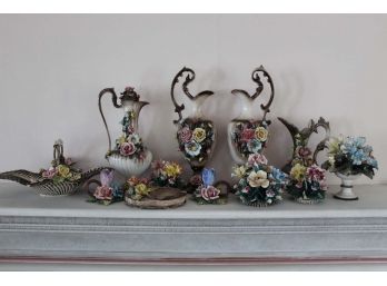 Amazing Grouping Of Capodimonte Pitchers, Flowers, Holders