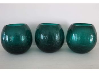 Set Of Three Blue/Green Round Shaped Candle Holders