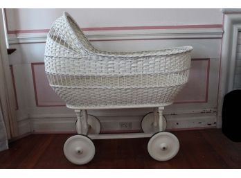 Vintage White Wicker Rolling Baby Carriage
