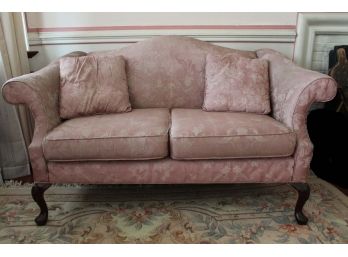 Formal Victorian Pink Floral Design Love Seat With Mahogany Feet # 2