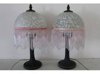 Pair Of Pink Drop Bead Lamps