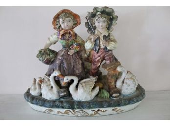Amazing Large Vintage Capodimonte 'Boy, Girl, & Swans' Bisque Style Porcelain Statue