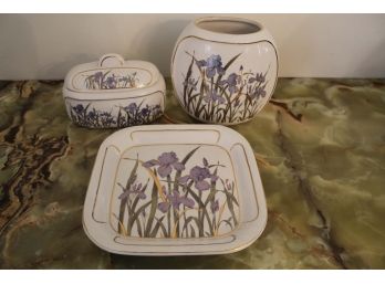 Beautiful Floral Gold Trim Ceramic Lidded Box, Vase & Plate