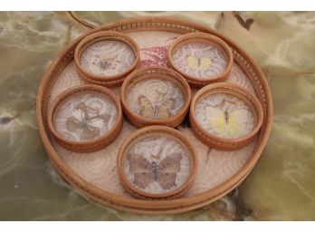Vintage Bamboo Pressed Butterfly Coasters And Serving Tray