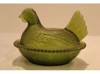 Green Colored Glass Hen Lidded Bowl