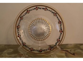 Glass Floral Design Plate With Gold Trim
