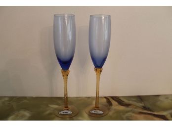 Pair Of Pier 1 Handblown Blue Champagne Flutes