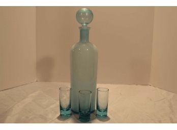Light Blue Colored Glass Decanter & 3 Shot Glasses