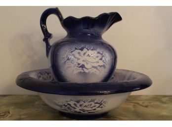 Lovely Vintage Flow Blue Porcelain Pitcher & Bowl