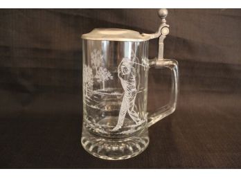 ALWE Etched Golf Theme Glass Beer Stein With Pewter Top W. Germany