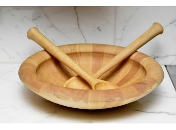 Crate And Barrel Large Wooden Salad Bowl With Utensils