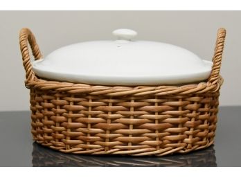 Vintage Hall Covered Casserole Dish With Cover And Wicker Basket Server