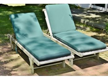 Pair Of Beautifully Weathered Teak Lounge Chairs With Cushions