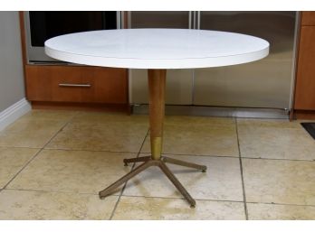 MCM Round Pedestal Teak Base Table With Brass Feet 42 X 30