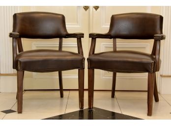 Pair Of Vintage Brown Naugahyde Nailhead Side Chairs