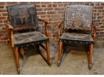 Pair Of Amazing Tooled Leather Tiger Oak Rocking Chairs