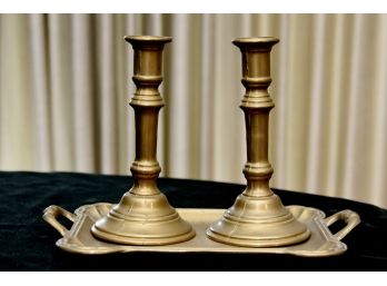 Pair Of Vintage Brass Candlesticks With Under Plate