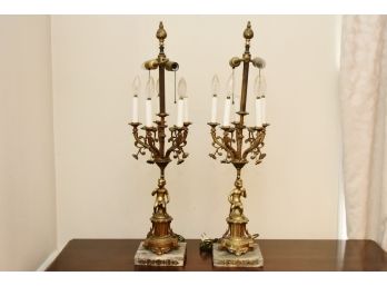 Outstanding Pair Of Brass With Marble Base Cherub Table Lamps 34' Tall