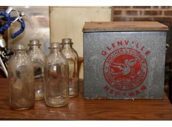 Vintage 'Glenville' Galvanized Milk Box And  Milk Bottles