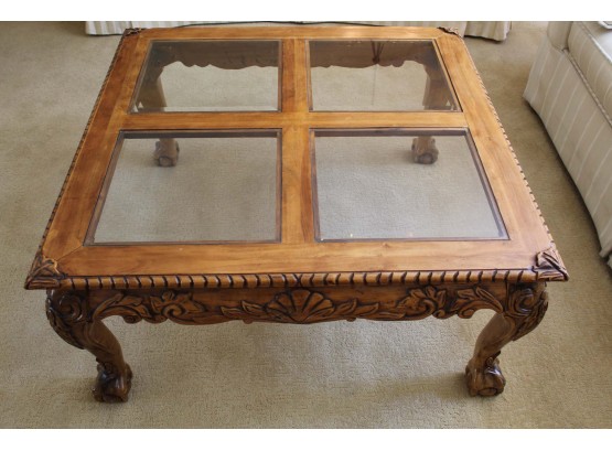 Incredible Walnut Ball And Claw Foot Coffee Table With Beveled Glass 40 X 40 X 19