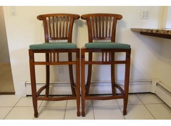 Pair Of Wooden Kitchen Counter Chairs W/ Cushions