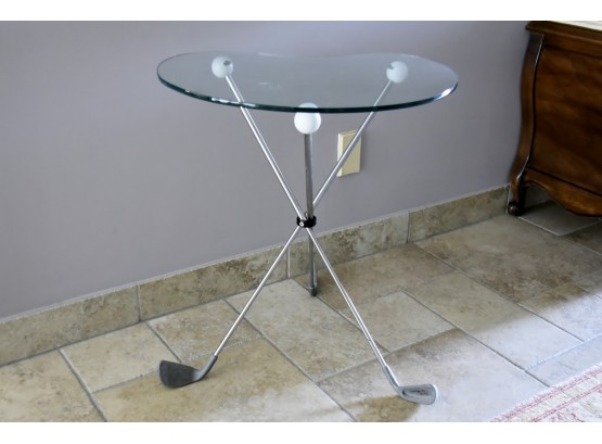Golfers Kidney Shaped Glass Side Table Featuring Golf Club Legs 22 X 16 X 24