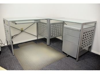Frosted Glass Top Corner Desk With Slide Out Keyboard Try And File Cabinet