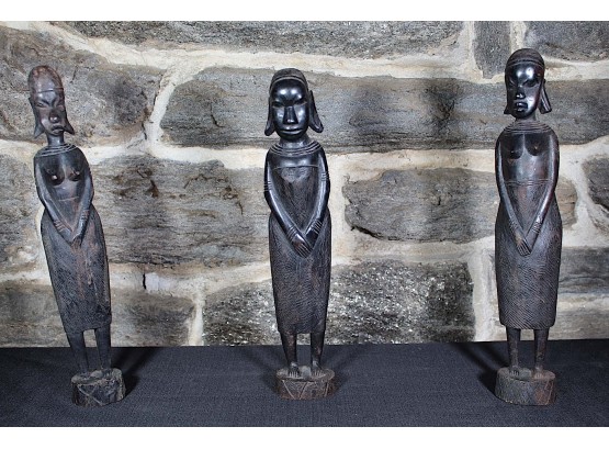 Set Of 3 Carved Tribal Woman Figures
