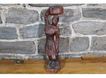 Carved Wood Woman Carrying Basket Statue