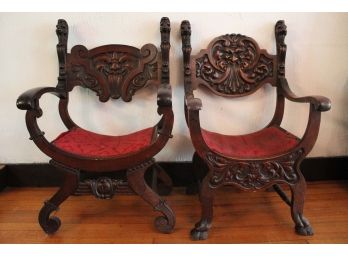 Two Antique Stomps Burkhardt Co. Carved Gargoyle Face Chairs