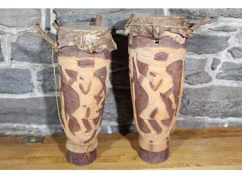 Pair Of Antique African Tribal Drums Featuring Animal Skin Tops And Hand Carved Body