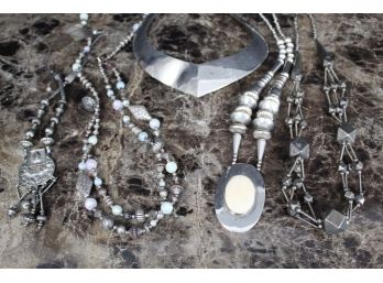 Five Silver Colored Costume Jewelry Necklaces (J#42)